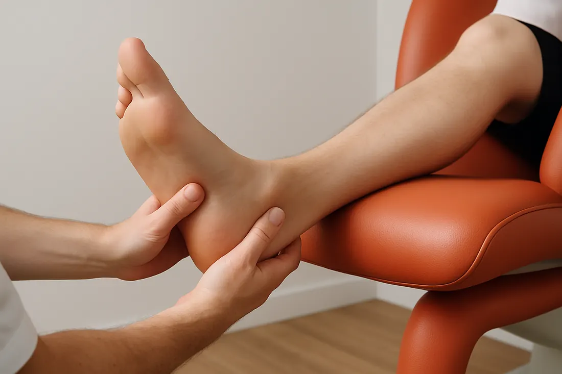 Examen du talon, la jambe posée sur le fauteuil orange