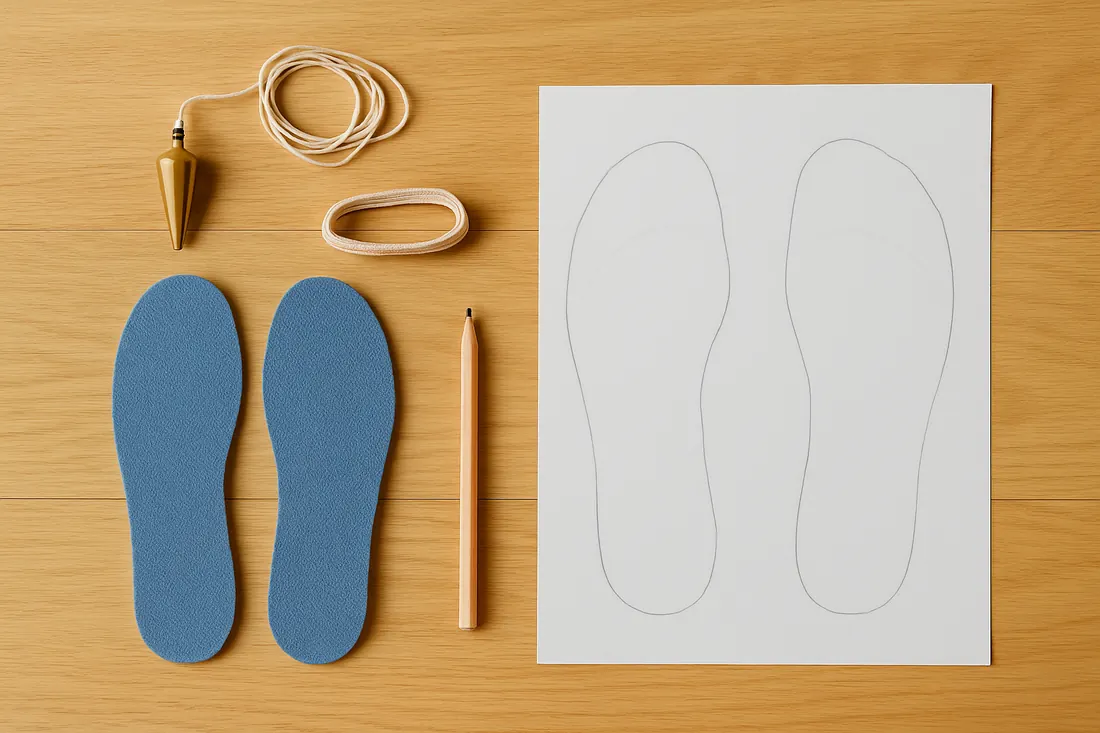 Un fil à plomb, deux semelles bleues et le tracé de deux pieds au crayon