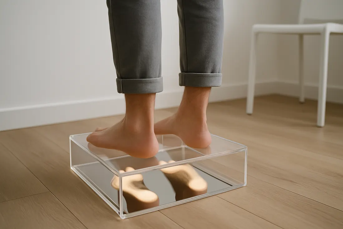 Deux pieds debout sur le podoscope, leurs appuis visibles dans le miroir