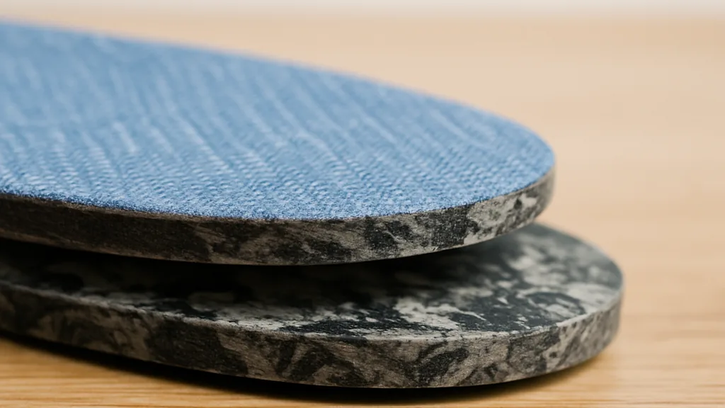 La tranche de deux semelles posées sur le parquet: dessus bleu jean, dessous marbré, quelques millimètres d'épaisseur