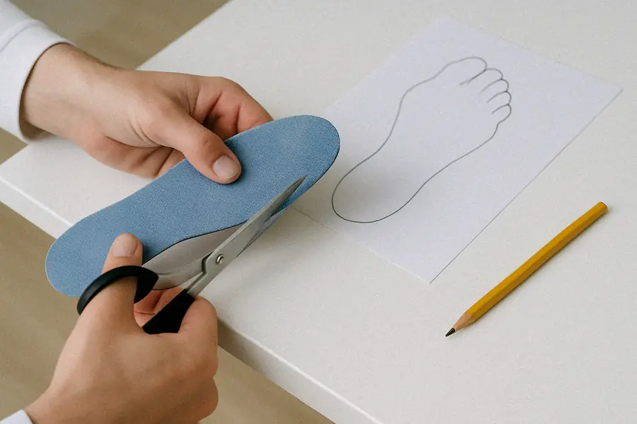 Les mains ajustent le bord d'une semelle bleu jean aux ciseaux, à côté du tracé du pied.