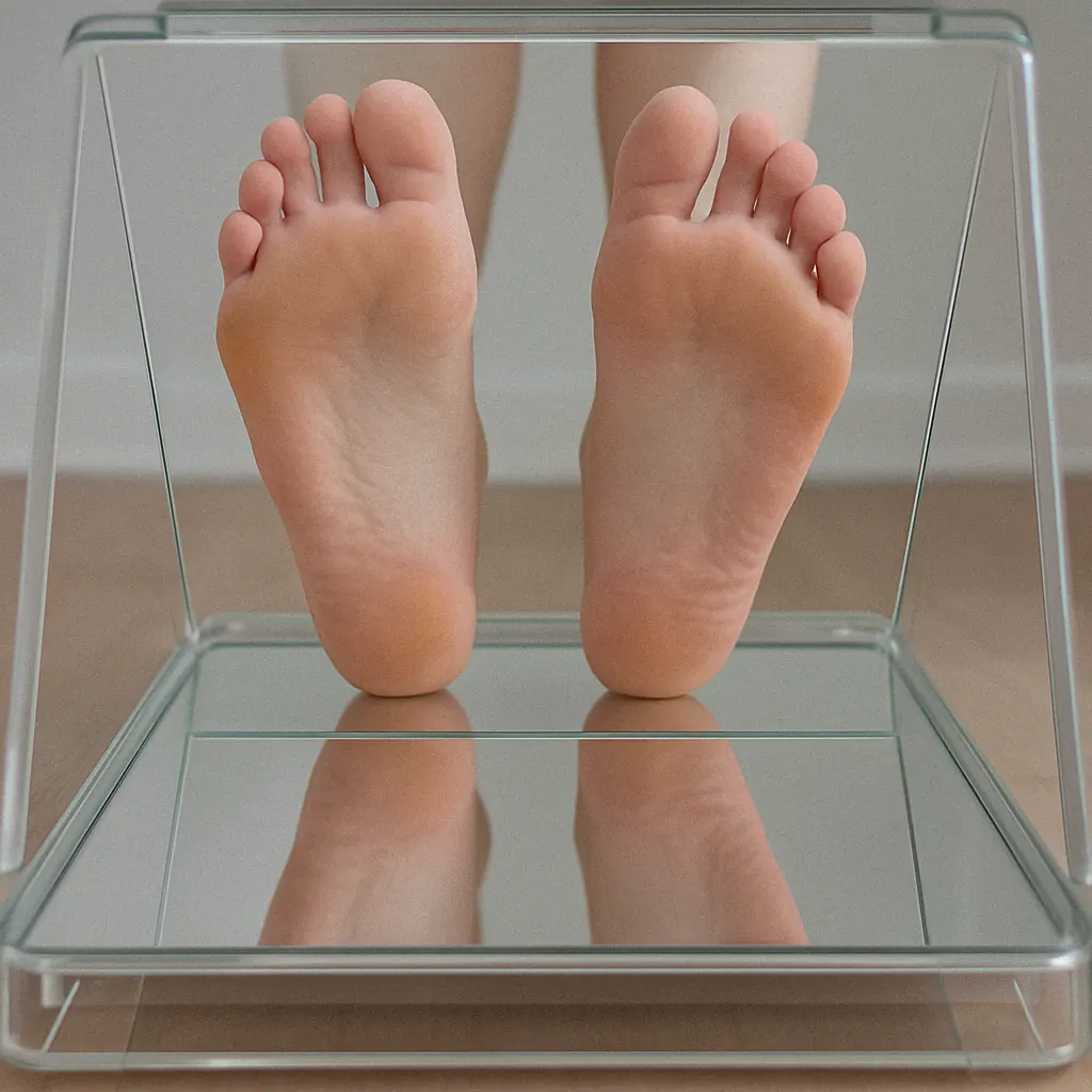 Les plantes des deux pieds appuyées sur le verre du podoscope, vues d'en dessous: les talons, les bords externes et l'avant des pieds portent, la voûte ne touche pas.