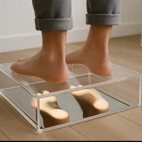 Deux pieds nus debout sur le podoscope en verre, posé sur le parquet.