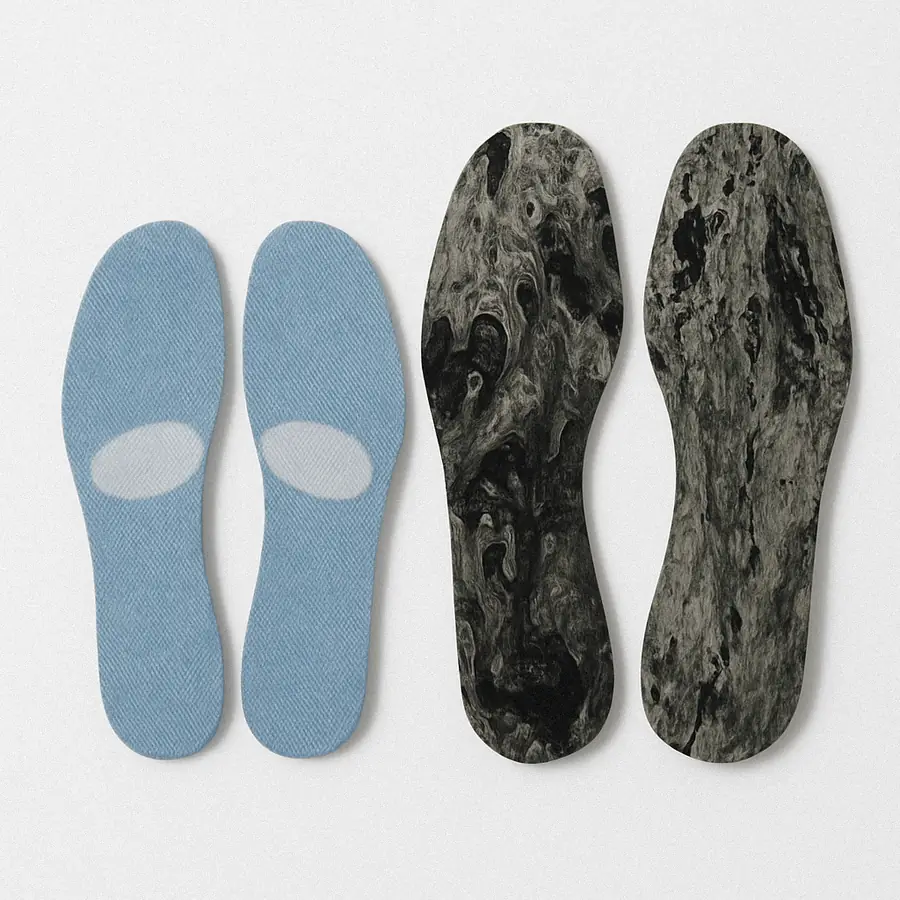 Deux paires de semelles vues du dessus: le dessus bleu jean et le dessous marbré noir et gris.