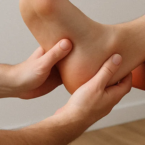 Les mains de la podologue tiennent le talon d'une patiente assise sur le fauteuil orange.